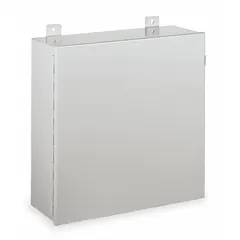 This steel dust-tight enclosure measures 20 x 16 x 7 inches and is rated NEMA 12/13 for indoor protection against dust, dirt, oil, and non-corrosive contaminants. It features a solid hinged cover secured with screws and does not include knockouts. Suitable for housing electrical controls, terminals, and instruments in industrial environments such as manufacturing plants and machine shops.