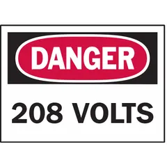 Polyester adhesive signs warning of 208-volt electrical hazards. Each sign measures 3 1/2 in x 5 in with a thickness of 0.01 in. Supplied in a 5-pack for direct application to equipment, panels, or walls in industrial settings.