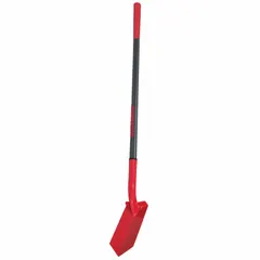 This trenching shovel features a 14-gauge steel blade with a red finish and a gray fiberglass straight handle. It is used for digging narrow trenches in construction, landscaping, and utility work, providing leverage for cutting through compacted soil and roots.