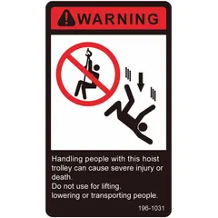 This warning label is a replacement safety component for hoists. It displays standard operational warnings and hazard information to promote safe lifting practices. Compatible with hoist model 3MB57.