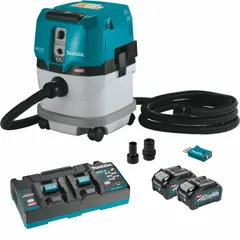 This cordless dust extractor features a 4-gallon tank and HEPA filtration for dry pickup. It includes two 4.0 Ah batteries and a charger, enabling portable operation for debris removal in workshops, construction sites, and maintenance areas.