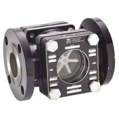 This single wall sight flow indicator features a rotor for visual verification of fluid flow in piping systems. It has a 2-inch flange connection, borosilicate glass sight, carbon steel bolts, and a neoprene seal. Designed for horizontal left flow direction, it is suitable for monitoring flow in industrial fluid lines.