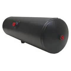 Horizontal vehicle-mounted air tank with 6.16 gallon capacity, 125 psi maximum operating pressure, and 29.25 inch overall length. Designed for storing compressed air in pneumatic systems on trucks, trailers, and buses, supporting brake systems, air suspension, and auxiliary air accessories.