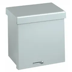 This WIEGMANN steel enclosure measures 18 x 15 x 6 inches and is rated NEMA 3R for outdoor or indoor use where protection against rain and sleet is needed. It features a galvanized solid cover that screws on and a padlock hasp for secure closure. No knockouts are provided. Suitable for housing electrical controls, terminals, and instruments.