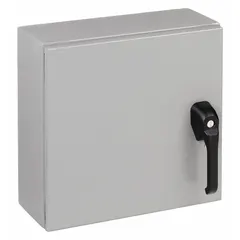 WIEGMANN painted steel enclosure measuring 16 x 12 x 8 inches with a solid hinged cover and keyed handle closure. Rated NEMA 12/13/3R/4 for protection against dust, falling dirt, rain, sleet, and hose-directed water. No knockouts included. Suitable for indoor or outdoor use in industrial environments requiring washdown capabilities.