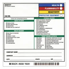 Paper safety label with adhesive backing, measuring 5 inches by 5 inches. Supplied in a pack of 100. Used for workplace hazard communication and chemical identification.