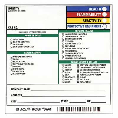 BRADY 60330 Right-To-Know Label, 5 in x 5 in, Paper, Adhesive, 100 PK - Safety