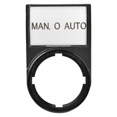Rectangular legend plate for 22 mm panel mounting. Non-metallic polyester construction with black finish and notch design. Overall height 1 7/16 in, width 2 in. Features English legend 'Man-Off-Auto' for labeling push-button stations in industrial control panels.