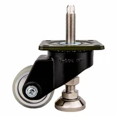 Medium-duty leveling plate caster with a 63 mm polyurethane tread wheel and 98 mm mounting height. Black frame. Designed for precise height adjustment and stable mobility on material handling carts, assembly fixtures, and workstations.