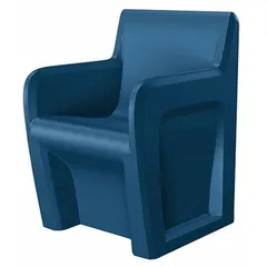 Floor-mount single-seat arm chair with a slate blue polyethylene seat. Designed for commercial waiting areas, lobbies, and break rooms. Meets CAL 133 and ISO 22196 standards for fire resistance and antimicrobial protection.