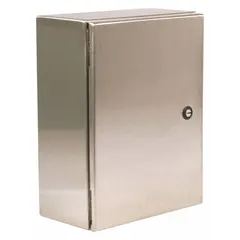 This WIEGMANN enclosure is constructed from 304 stainless steel with a solid cover secured by a 1/4-turn latch. It measures 42 x 36 x 12 inches and is rated NEMA 12/13/3R/4/4X for protection against dust, water, corrosion, and ice. Suitable for housing electrical controls, terminals, and instruments in indoor or outdoor environments. Knockouts are not included.