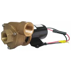 This marine straight centrifugal pump features a brass body for corrosion resistance in marine environments. It operates on 24V DC and provides a maximum head of 17 ft. With 3/4-inch intake and discharge sizes, it is suited for circulating or transferring water on boats and vessels.