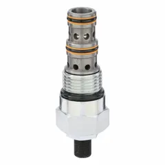 This Parker flow control cartridge valve features a steel body and nitrile seal, with a C10-3 cavity. It is block-mounted, three-position, normally open, and adjusted via screw. Used in hydraulic systems to regulate fluid flow in industrial machinery and mobile equipment.