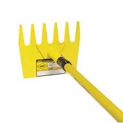 This McLeod-type rake combines hoe and rake functions for ground maintenance and fire-line construction. It features a 3.2 lb head and a 4 ft fiberglass handle, suitable for clearing brush, soil, and debris.