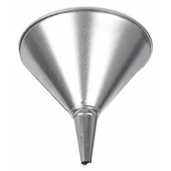 This steel spout funnel has a 64 fl oz fluid capacity and a silver finish. It includes a removable 50 grit mesh screen for filtering debris during pouring. Typical applications include transferring fuel, oil, or coolant in maintenance and machining operations.