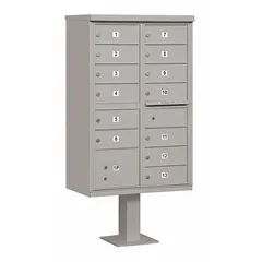 Horizontal multi-unit mailbox with 14 lockable front-access doors. Measures 62 in H x 30 1/2 in W x 18 in D. Designed for pedestal mounting to provide secure mail distribution in multi-tenant facilities.