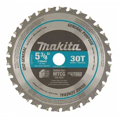 This MAKITA circular saw blade is designed for cutting ferrous metals such as steel and general metal stock. It features a carbide construction with 30 teeth, a 0.06 in cut width, and a 5/8 in arbor size. Suitable for use in fabrication, construction, and maintenance applications requiring precise metal cuts.