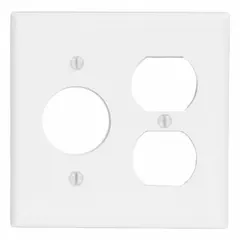 This LEVITON combination wall plate is designed for 2-gang configurations, accommodating two devices in a single electrical box. Constructed of metal with a white finish, it provides a standard-sized cover for switches, outlets, or other controls in residential and commercial installations.