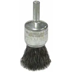 Crimped stainless steel fill brush for light cleaning and surface preparation on stainless steel. Prevents cross-contamination and rust. Suitable for deburring, blending, and finishing in metalworking and fabrication.