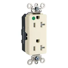 Specification-grade decorator duplex receptacle with 5-20R configuration. Rated 125V AC and 20 A. Ivory finish. Suitable for commercial and institutional environments requiring a durable general-purpose outlet.