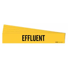 Yellow adhesive pipe marker with black 'Effluent' legend, designed for pipe outer diameters from 2-1/2 to 7-7/8 inches. Suitable for identifying effluent lines in industrial piping systems. Pack of 5 markers without arrows.