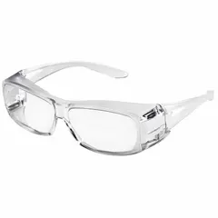 Full-frame safety glasses with clear hard-coated lens and clear frame. Universal size designed to fit over prescription eyewear. Suitable for general industrial tasks such as machining, assembly, and inspection where impact and debris protection is required.