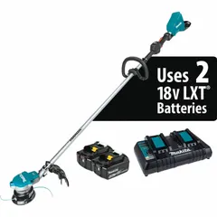 This battery-powered string trimmer features a straight shaft with a length of 69-1/4 inches and a 15-inch cutting width. It is designed for cutting grass and weeds in residential and commercial landscaping, suitable for edging and trimming along fences, walls, and flower beds.