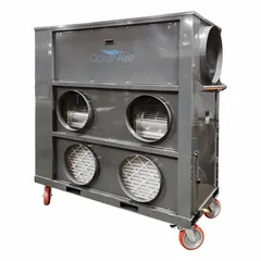 This heavy-duty portable air conditioner provides 144,000 BtuH cooling capacity for large spaces. It operates on 208/230V AC and is designed for outdoor placement. The unit includes an air filter and is suitable for temporary cooling at construction sites, events, or warehouses.