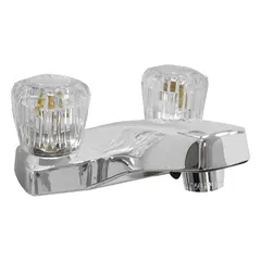 This centerset handle bathroom faucet is constructed from cast brass with a chrome finish. It features a low arc spout and includes washerless cartridges. The faucet has a flow rate of 1.2 gpm, suitable for residential and light commercial sink installations.