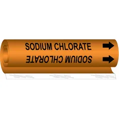 Orange wrap-around pipe marker with black legend reading 'Sodium Hypochlorite' and directional arrows. Fits pipe outer diameters from 1-1/2 to 2-3/8 inches. Used to identify pipes carrying sodium hypochlorite in industrial, water treatment, and chemical processing facilities.