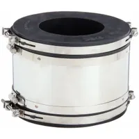 This shielded flexible transition coupling connects 4 in to 6 in pipes made of clay, iron, or PVC. It features a stainless steel shield and PVC body, with a 6 in overall length. Designed for above-ground use in plumbing and drainage systems