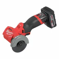 This cordless cut-off tool features a brushless motor and a barrel grip right-angle design with a trigger switch. It includes a 4.0 Ah battery and is used for cutting metal, rebar, and conduit in construction, plumbing, and electrical work