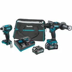 Two-tool kit including a hammer drill and an impact driver, both powered by the 40 V DC XGT platform. Suitable for drilling into masonry, concrete, and wood, as well as driving fasteners in construction and maintenance tasks.