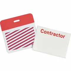 Red vinyl clip-on badge for personnel identification and site access. Card height 2 inches, width 3 inches. Red legend on red background. Pack of 500.