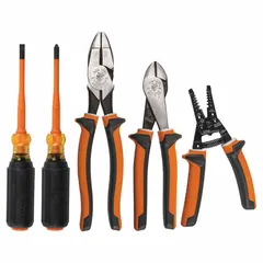 This 5-piece insulated tool kit includes two pliers, two screwdrivers, a wire stripper, and standard cutting knives. Designed for electrical work requiring shock protection, it is suitable for use on live circuits by electricians and maintenance technicians.