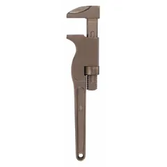 This nonsparking monkey wrench is constructed from aluminum bronze for use in hazardous environments where sparking must be avoided. It features a serrated I-beam jaw design for secure gripping. Overall length is 15 inches with a jaw capacity of 2 13/16 inches.