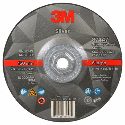 3M Depressed Center Grinding Wheel: Type 27, 6" x 1/4" x 5/8"-11, Ceramic - Cool-Cutting Grinding Wheels for Carbon & Stainless Steel