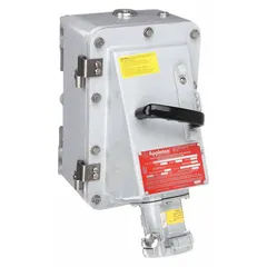 Mechanical interlock for Class I hazardous locations. Rated 600V AC, three-phase, 100 A, 4-pole, 3-wire. Provides safe disconnection for electrical equipment in industrial environments where flammable gases or vapors may be present.
