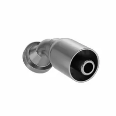 Steel 45° elbow crimp fitting with flange x crimp connection for -8 dash size hydraulic hoses. Male x genderless configuration with 0.511"-27 thread. Used to create permanent, leak-resistant hose assemblies in fluid power systems.