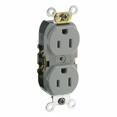 General-purpose duplex receptacle rated 125V AC, 15 A, with NEMA 5-15 configuration and 2-pole/3-wire grounding. Gray finish. Suitable for powering standard electrical devices in residential, commercial, and industrial environments.