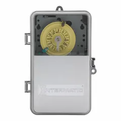 The INTERMATIC T104PCD82 is a 24-hour electromechanical timer switch with a double-pole single-throw (DPST) configuration, rated for 208-277V AC. It features a plastic body and surface mounting style, designed for indoor use. This timer provides timed on/off control for electrical loads such as lighting or HVAC equipment in commercial and industrial settings.