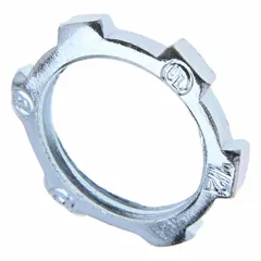 Steel locknut for securing rigid threaded conduit (RMC/IMC) to boxes, enclosures, or fittings. Non-insulated design provides a mechanical lock to prevent loosening from vibration. Suitable for electrical conduit systems in industrial, commercial, and infrastructure applications.