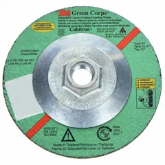 This 3M Green Corps combination wheel is designed for cutting and grinding carbon and stainless steel. The ceramic 36-grit abrasive provides a cool-cutting action that reduces heat buildup. Type 27 wheel with dimensions 7" x 1/8" x 5/8"-11. Suitable for metal fabrication, maintenance, and repair tasks.