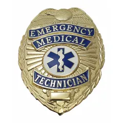 Metallic badge with gold finish, constructed from metal. Measures 2 1/8 inches by 3 inches. Fitted with a pin and safety catch for attachment to uniform or apparel. Suitable for use as an identification badge in professional settings.