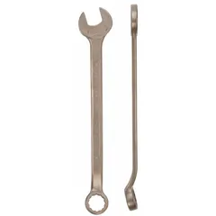 This nonsparking combination wrench is made from aluminum bronze nickel with a natural finish. It features a 55 mm 12-point head and an overall length of 22 3/4 inches. Suitable for use in environments where sparking must be avoided, such as areas with flammable gases or dusts.
