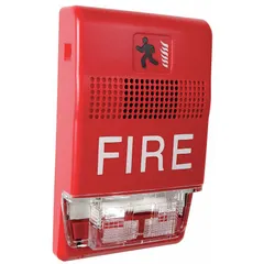 Fire alarm chime with integrated strobe light for audible and visual signaling in commercial and industrial fire safety systems. Operates on 16 to 33V DC. Overall height 4 1/2 inches, overall width 2 3/4 inches.
