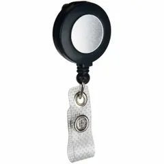 Retractable tether for securing ID badges, access cards, or keys. Designed for horizontal or vertical use with a strap for flexible wear on a belt or lanyard. Overall height and width of 1 1/4 in. Black finish.