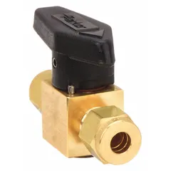 This Parker 2-way brass plug valve features compression connections and a 1/2 in pipe size. It is used for on-off control in instrumentation, sampling, and process lines handling chemicals, gas, or oil media.