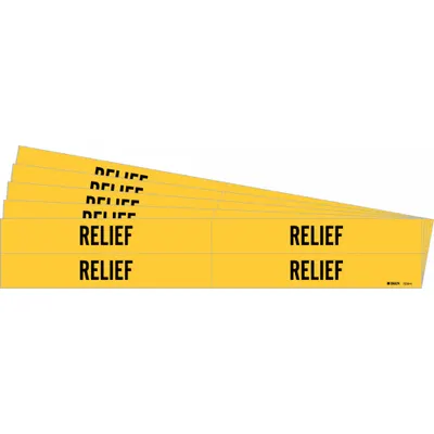 BRADY Pipe Marker: Relief, Yellow, Black, Fits 3/4 to 2 3/8 in Pipe O.D., 4 Pipe Markers - Relief Adhesive Pipe Markers