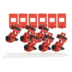 Clamp-on lockout device for 120/277V AC circuit breakers. Includes a cable tie slot for use with standard nylon cable ties. Supplied in a 6-pack. Used to secure circuit breakers in the off position during maintenance or lockout/tagout procedures.